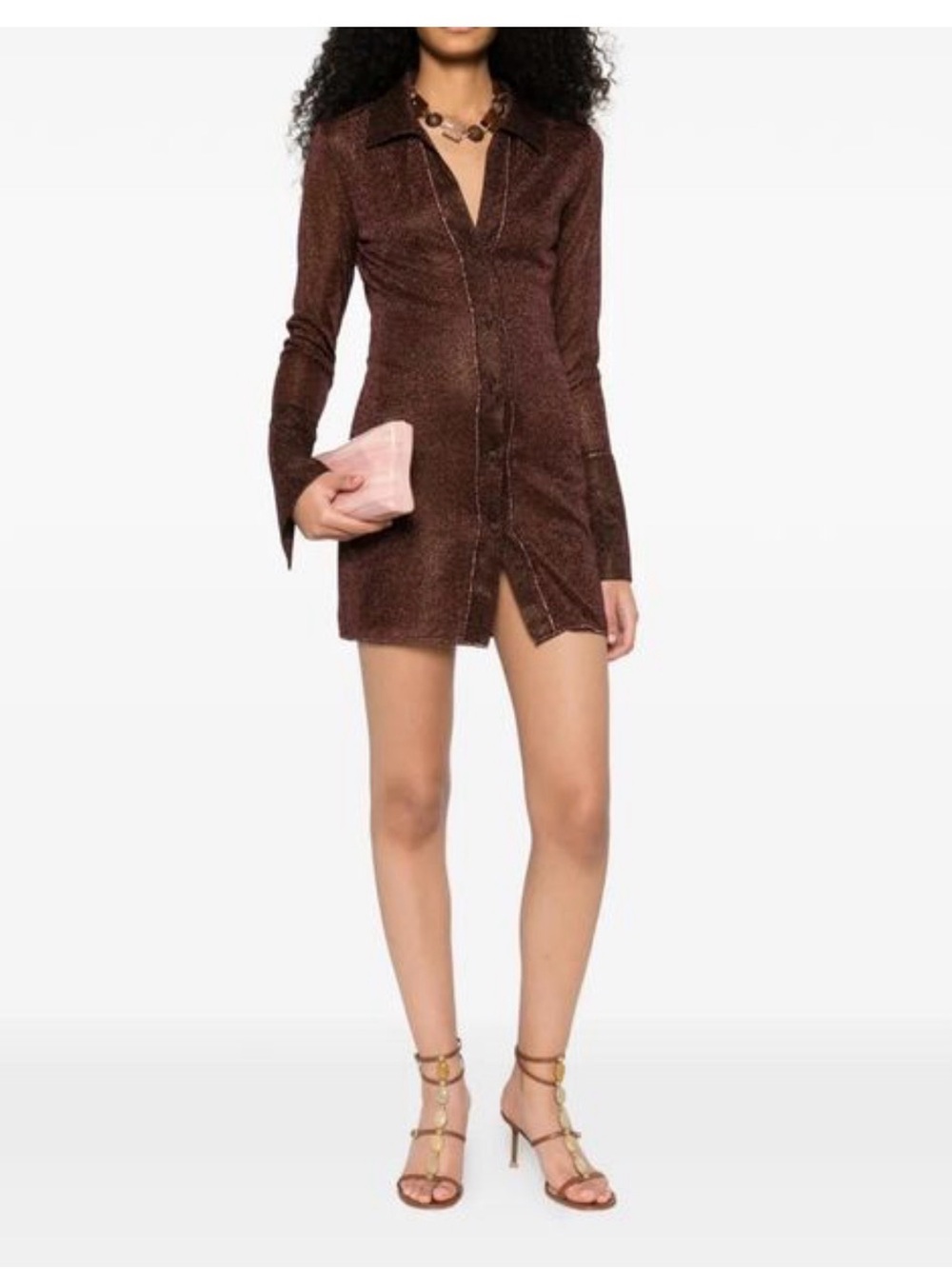 Oseree Brown Shimmer Button-Front Mini Dress